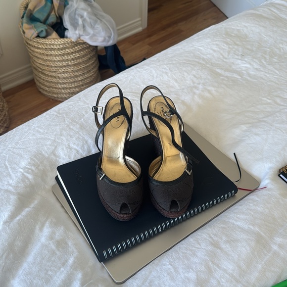 Prada brown canvas logo espadrille wedge sandal IT 37.5 - Picture 2 of 7
